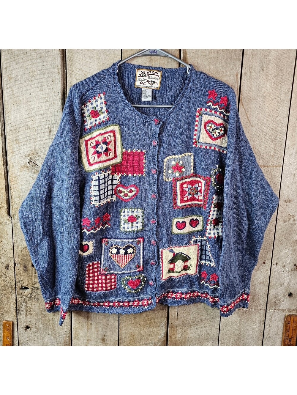Heirloom Collectible Women's L Blue Patchwork Embroidered Button Cardigan